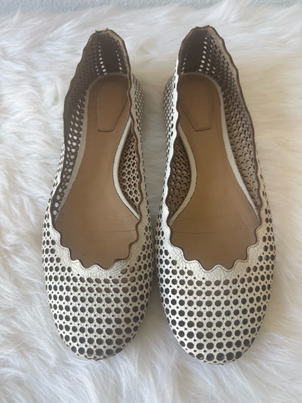 Chloe Cream Perforated Scallop-Edge Ballet Flats